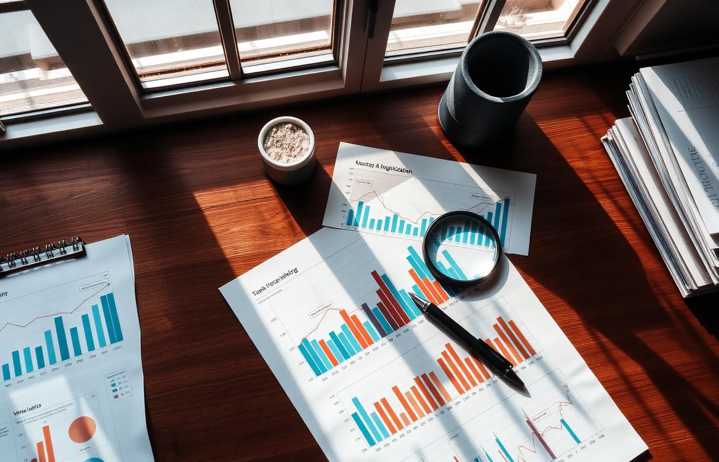 Printed analytics charts on a wooden desk beside a magnifying glass and pen