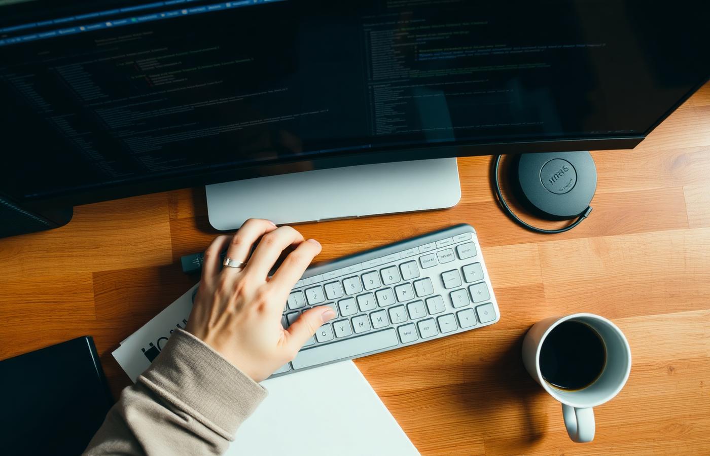 Overhead view of a software engineer's hands typing on a mechanical keyboard beside a monitor showing source code